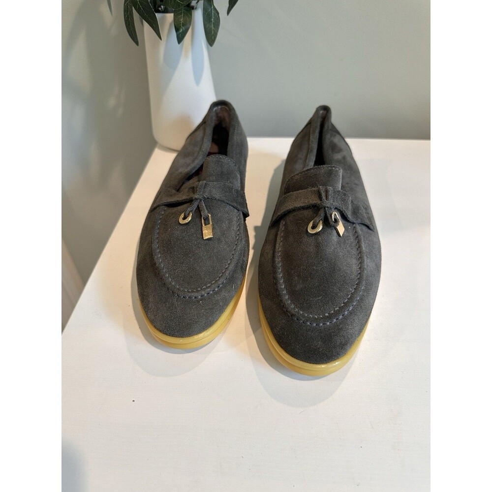 Gray Suede Shearling Lined Padlock Charm Slip-On Loafers Flat Shoes Slippers- 8